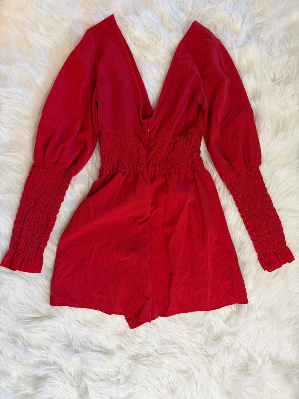 ASOS Red Plunge Neck Smocked Waist Long Sleeve Romper US 2 - Picture 10 of 13